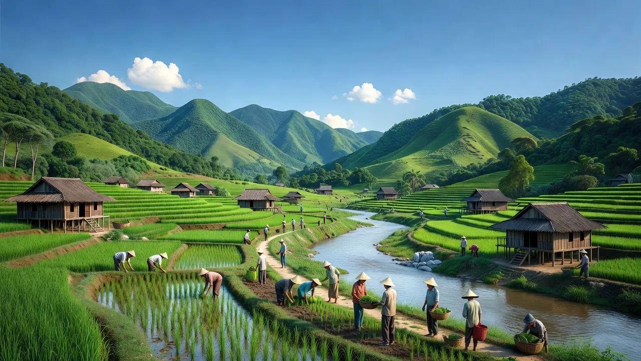 Khung cảnh huyện Chợ Đồn, Bắc Kạn với núi xanh, nhà truyền thống và người dân địa phương.