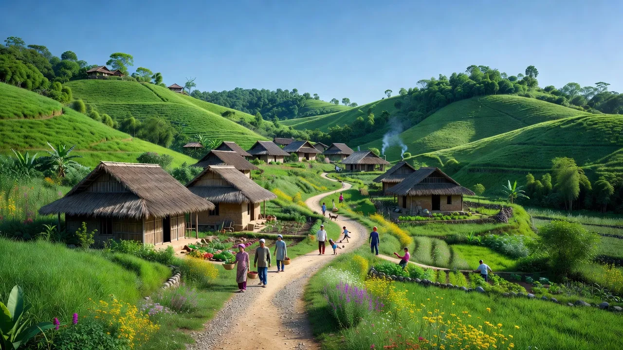 Bức tranh phong cảnh Xã Bằng Lãng, huyện Chợ Đồn, Bắc Kạn với núi xanh và nhà truyền thống.