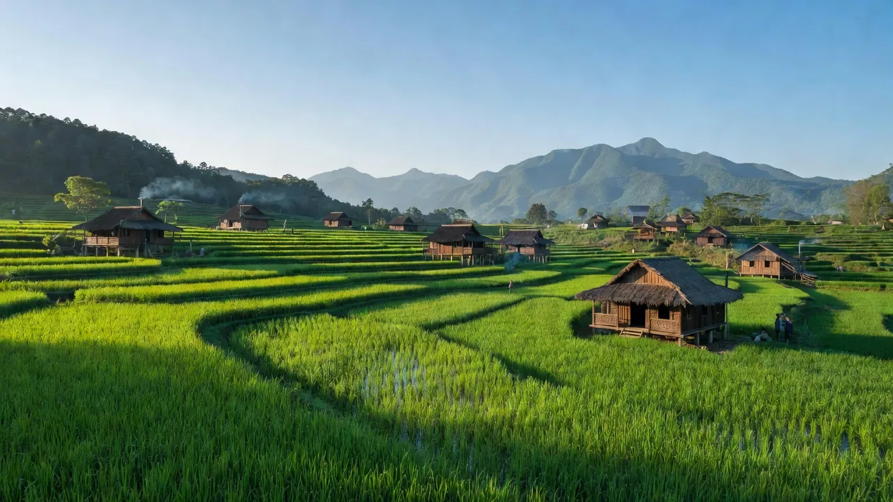 Cảnh đẹp xã Bằng Lãng, huyện Chợ Đồn, tỉnh Bắc Kạn với đồng ruộng và nhà dân.