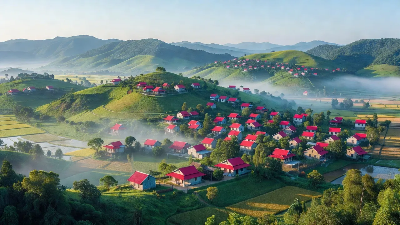 Khung cảnh thị trấn Bằng Lũng với đồi núi và mái nhà đỏ, Bắc Kạn, thiên nhiên xanh tươi.