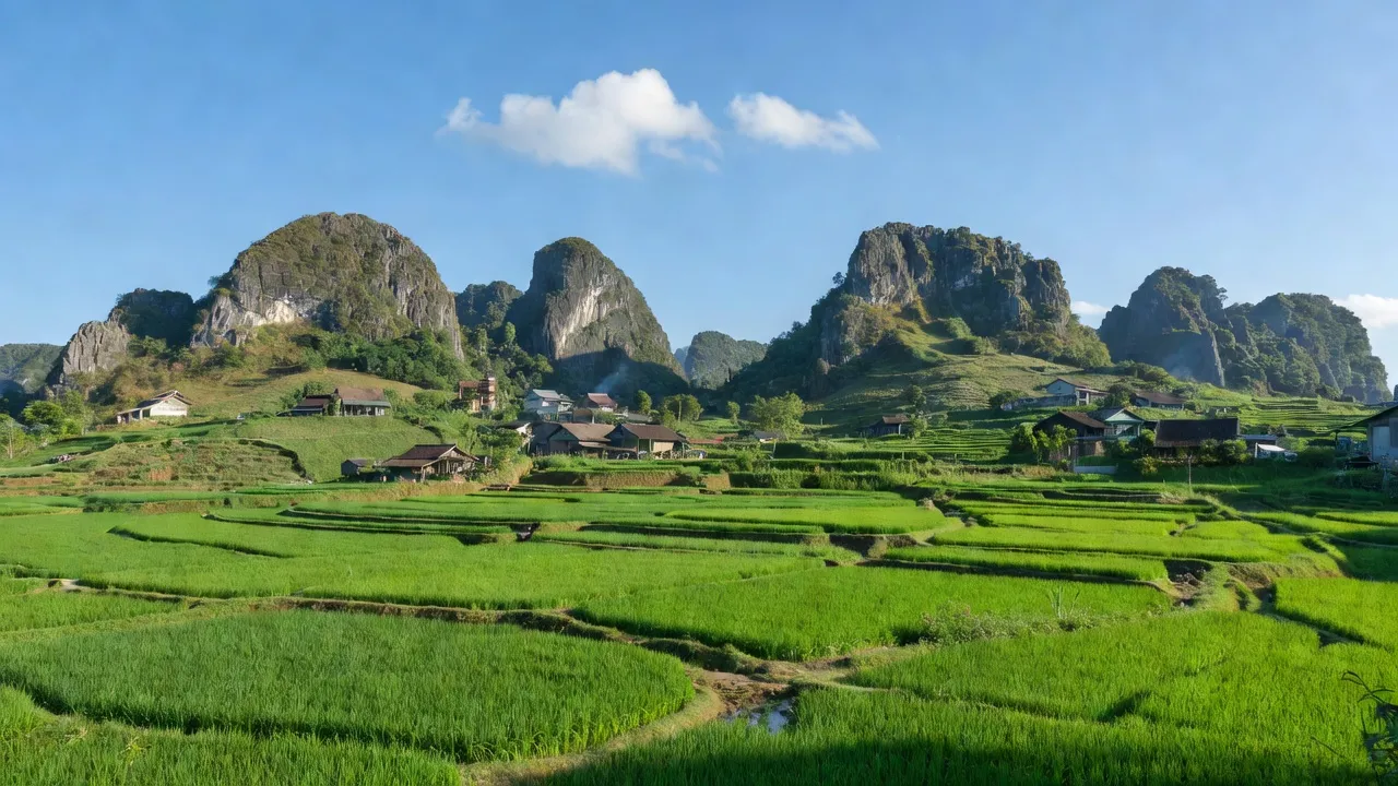 Cảnh quan xã Bình Trung, Huyện Chợ Đồn, Bắc Kạn với đồi núi đá vôi và cánh đồng xanh.