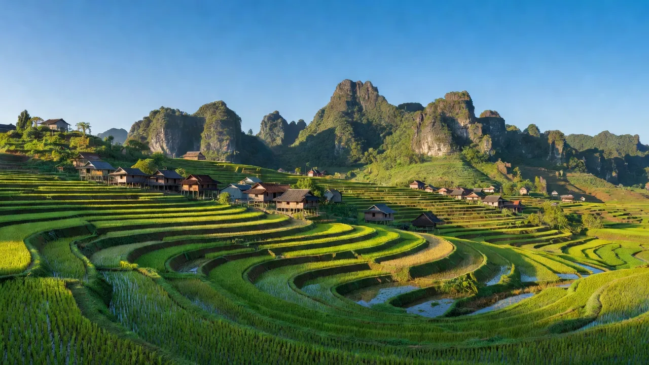 Cảnh sắc Bình Trung, huyện Chợ Đồn, tỉnh Bắc Kạn với núi và ruộng bậc thang đẹp mắt.