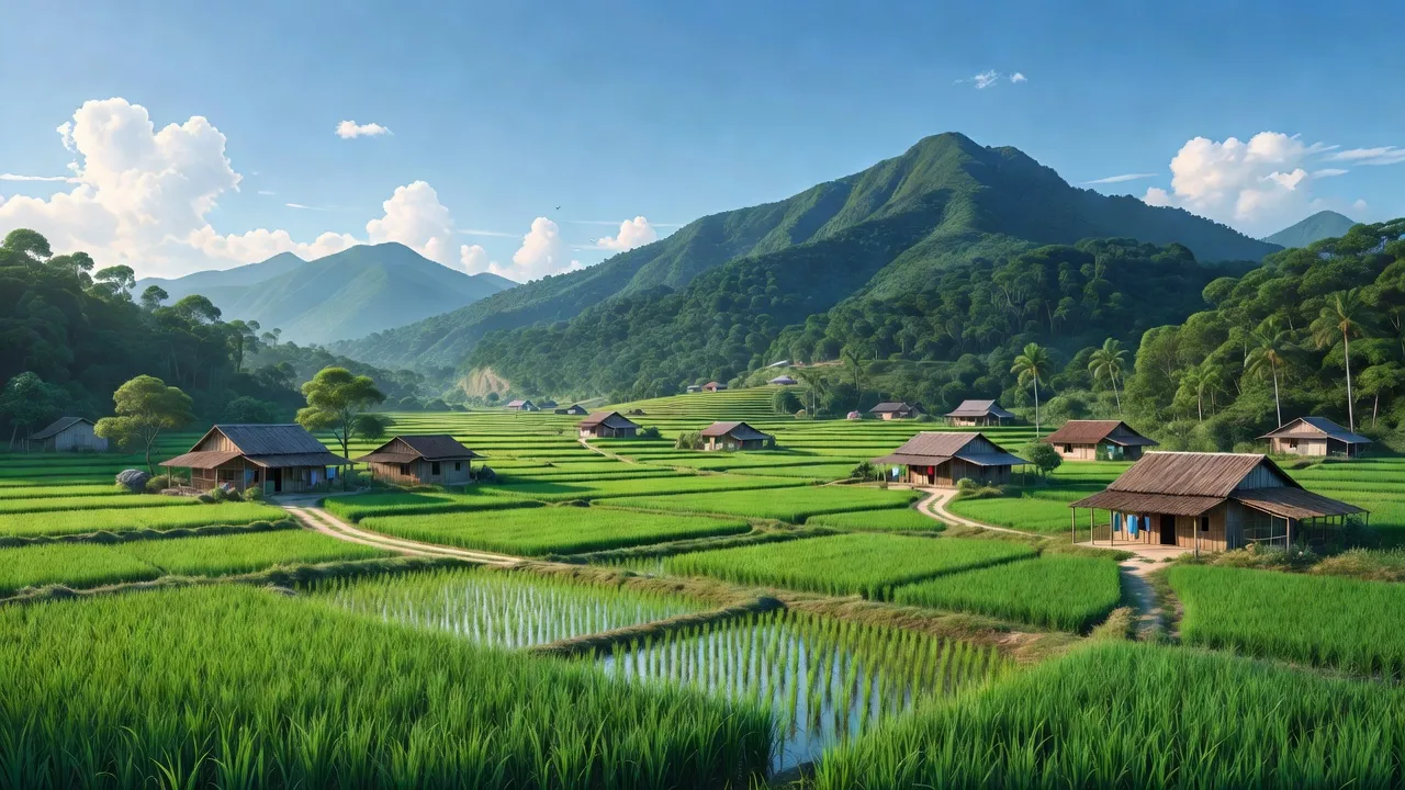Cảnh nông thôn xanh tươi tại xã Đại Sảo, huyện Chợ Đồn, tỉnh Bắc Kạn, với núi và cánh đồng.