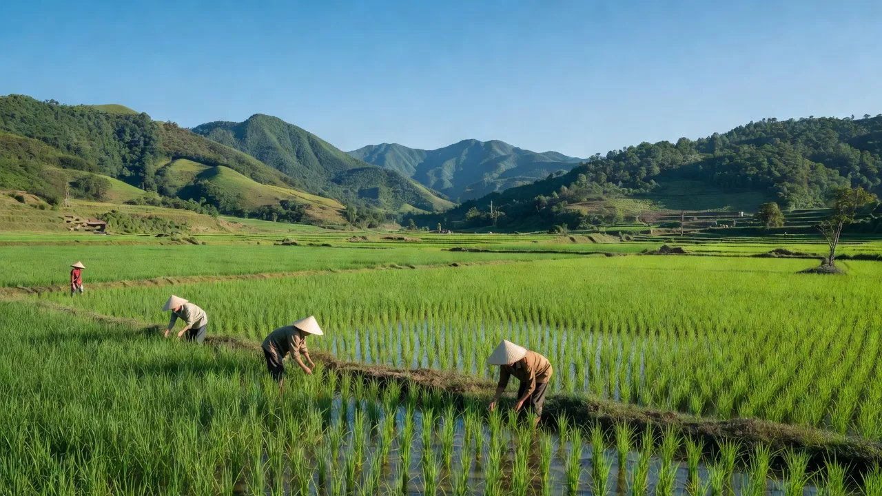 Phong cảnh xã Đại Sảo, huyện Chợ Đồn, tỉnh Bắc Kạn, với cánh đồng xanh tươi và nông dân làm việc.