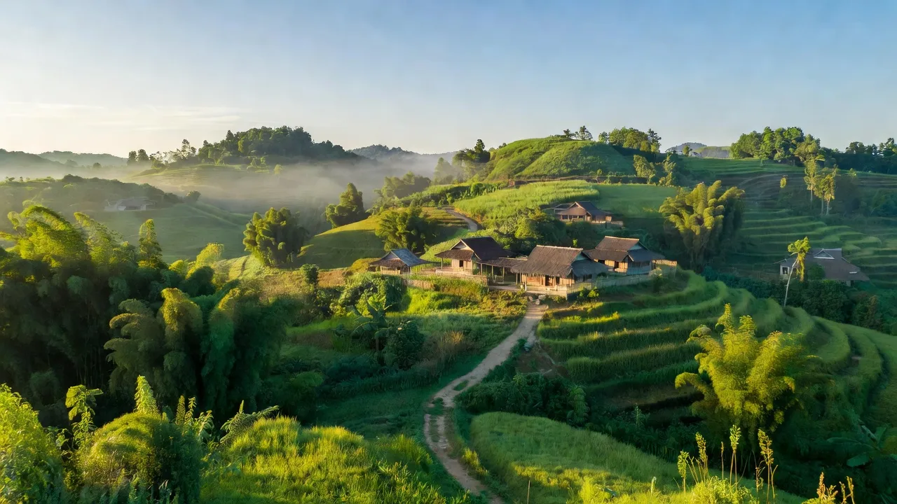 Khung cảnh yên bình ở xã Đồng Lạc, huyện Chợ Đồn, tỉnh Bắc Kạn với đồi núi và nhà truyền thống.