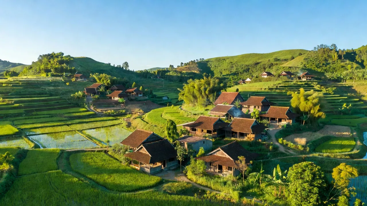 Phong cảnh xã Đồng Lạc, huyện Chợ Đồn, tỉnh Bắc Kạn với đồi núi và nhà làng truyền thống.
