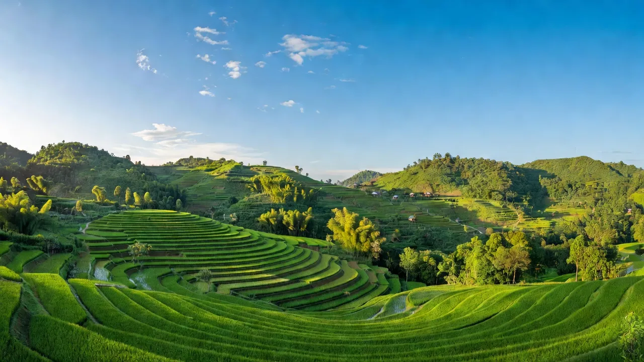 Cảnh đẹp xã Đồng Thắng, huyện Chợ Đồn, tỉnh Bắc Kạn với ruộng bậc thang và đồi xanh.