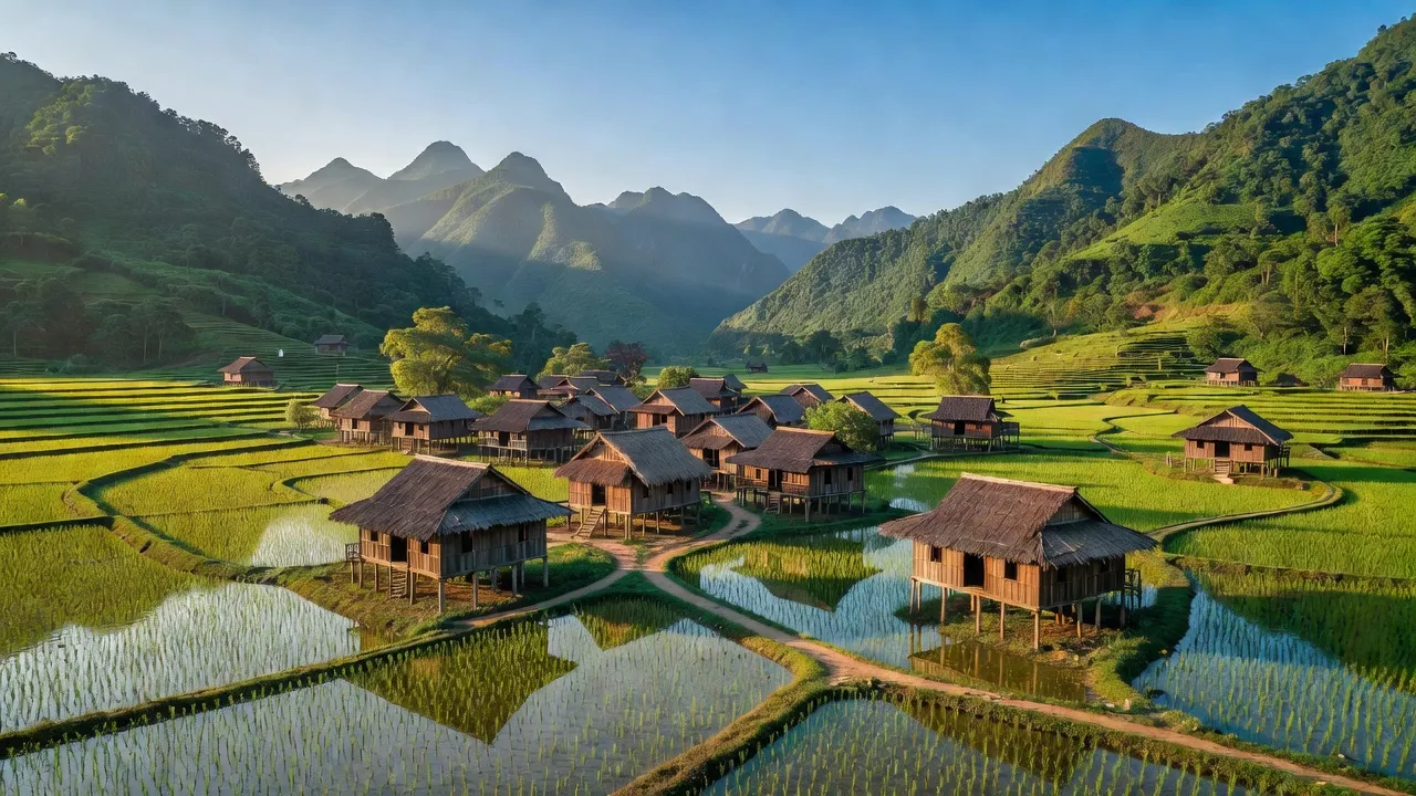 Cảnh sắc xã Đồng Thắng, huyện Chợ Đồn, tỉnh Bắc Kạn với núi non và ruộng bậc thang xanh mướt.