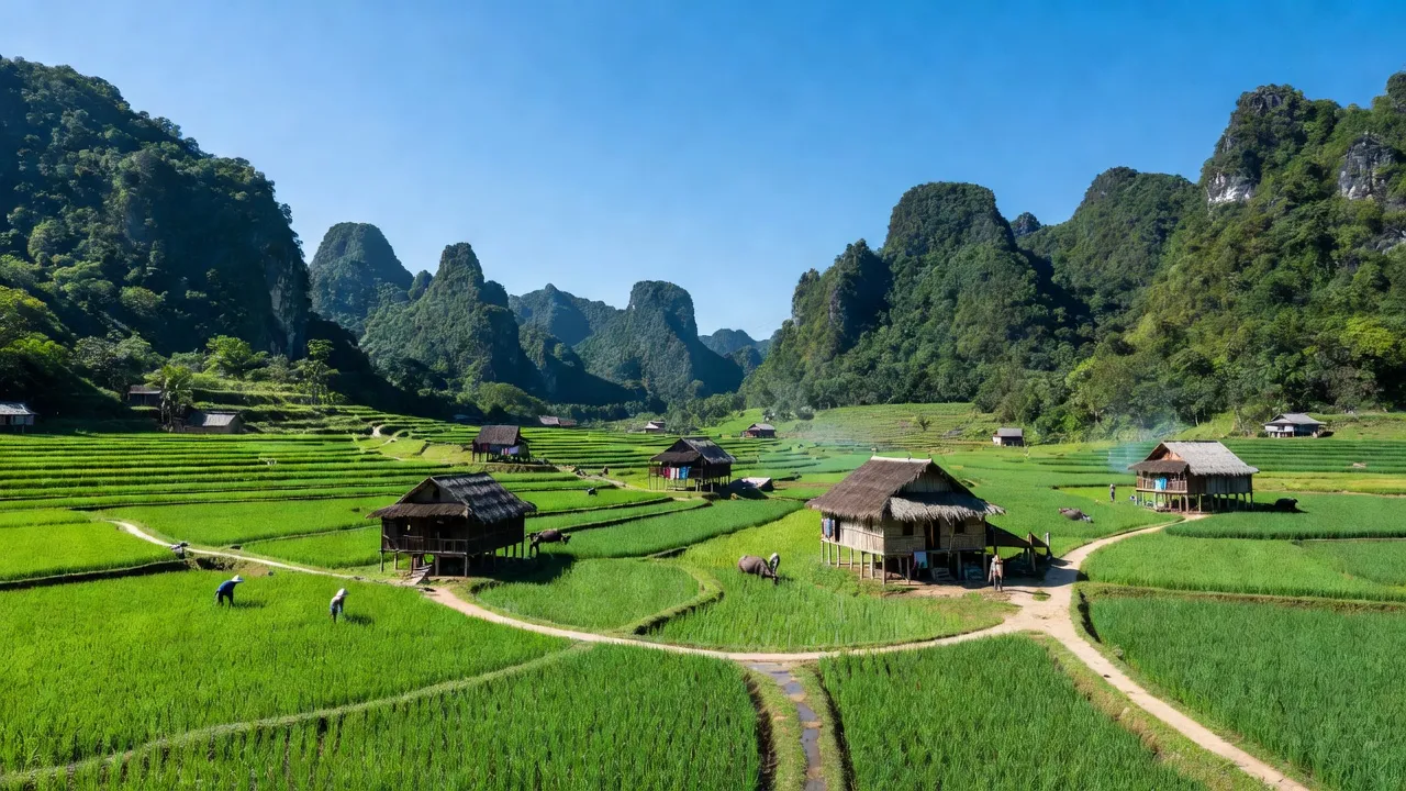 Cảnh sắc Xã Lương Bằng, huyện Chợ Đồn, tỉnh Bắc Kạn với núi đá vôi và cánh đồng xanh.