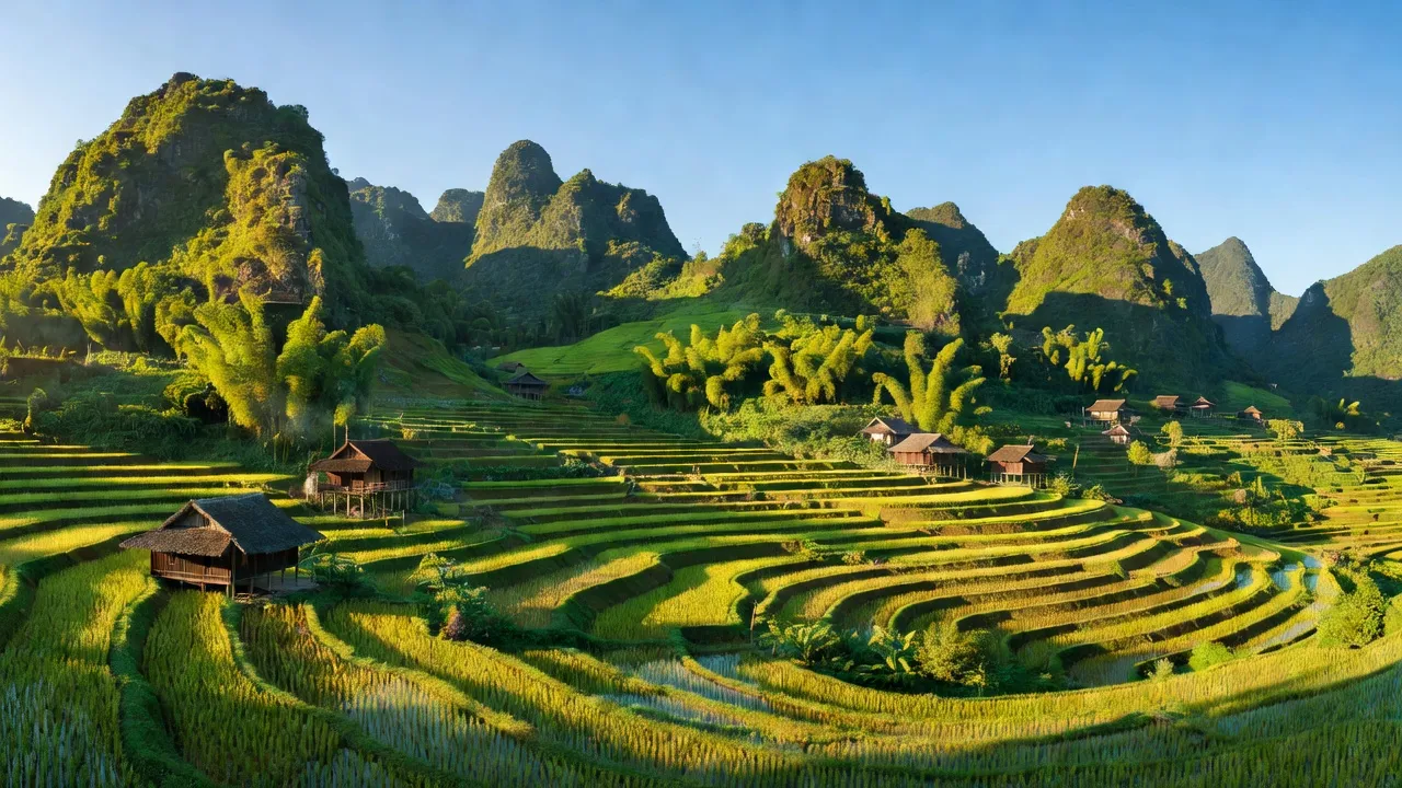 Khung cảnh Xã Lương Bằng, núi đá vôi và ruộng bậc thang ở Bắc Kạn, Việt Nam.