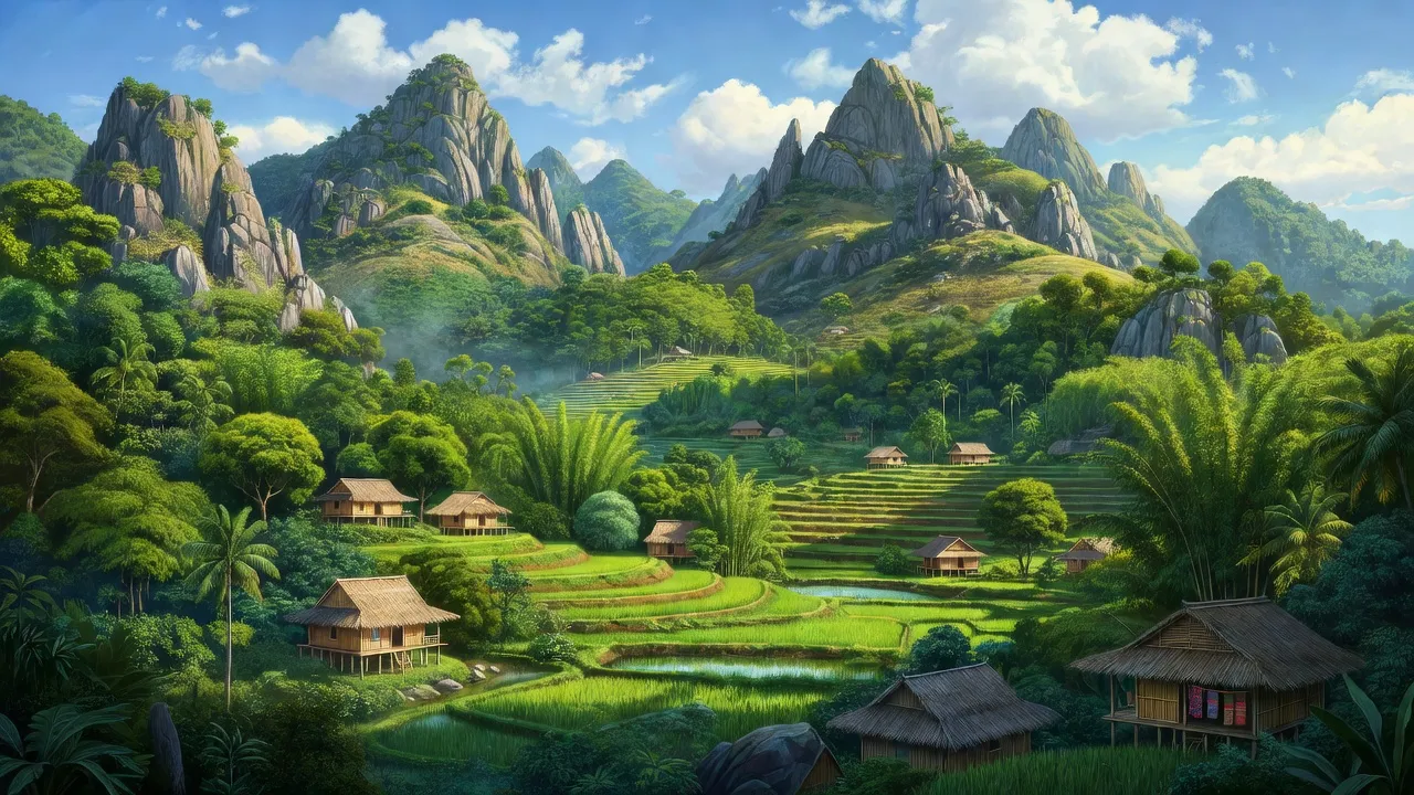 Khung cảnh thiên nhiên Xã Nam Cường, Huyện Chợ Đồn, Bắc Kạn với đồi núi đá và nhà truyền thống.