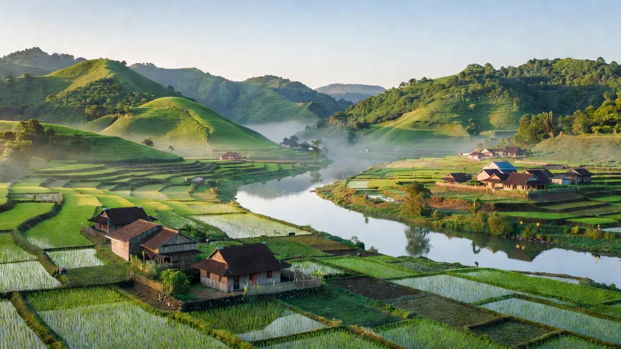 Cảnh đẹp xã Phương Viên, huyện Chợ Đồn, tỉnh Bắc Kạn với sông Cầu và đồi xanh.
