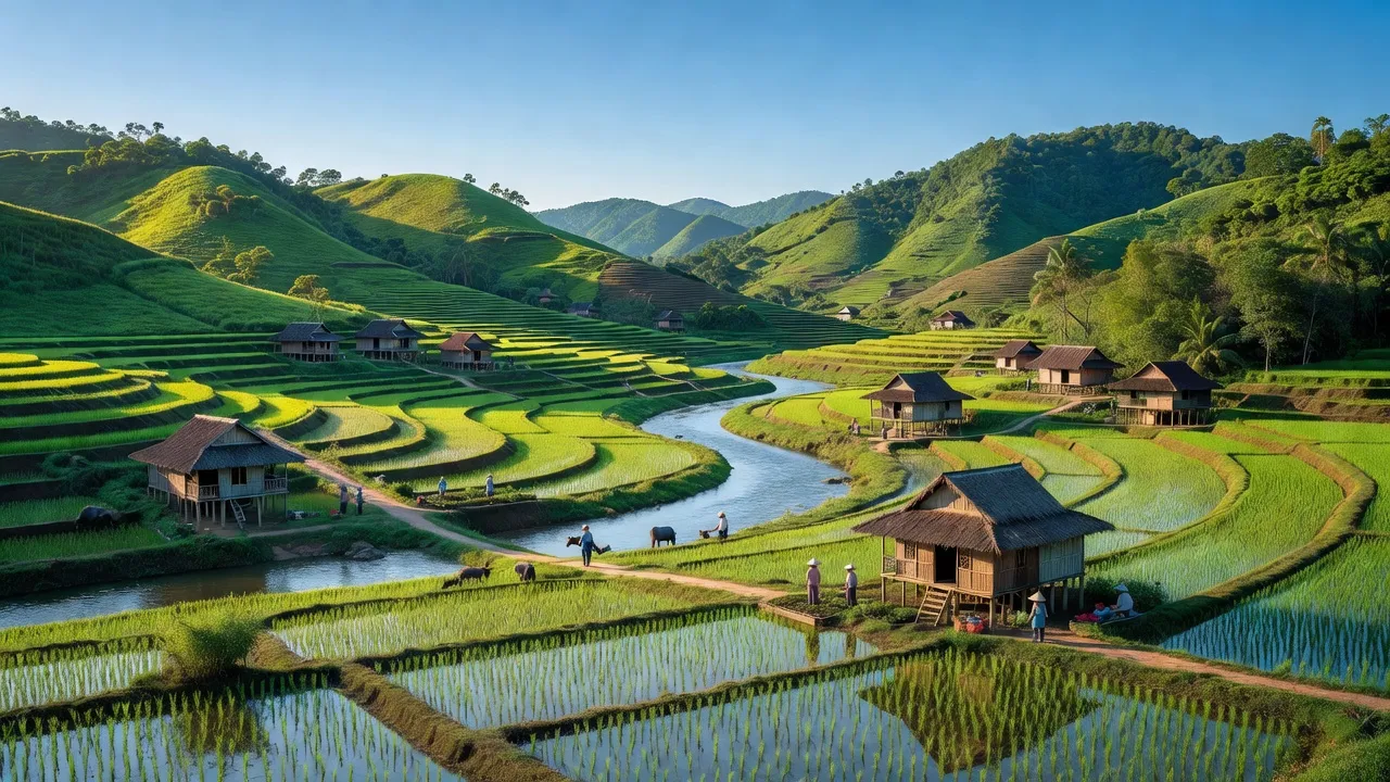 Cảnh quan xã Phương Viên, huyện Chợ Đồn, tỉnh Bắc Kạn với rừng núi xanh và dòng sông Cầu.