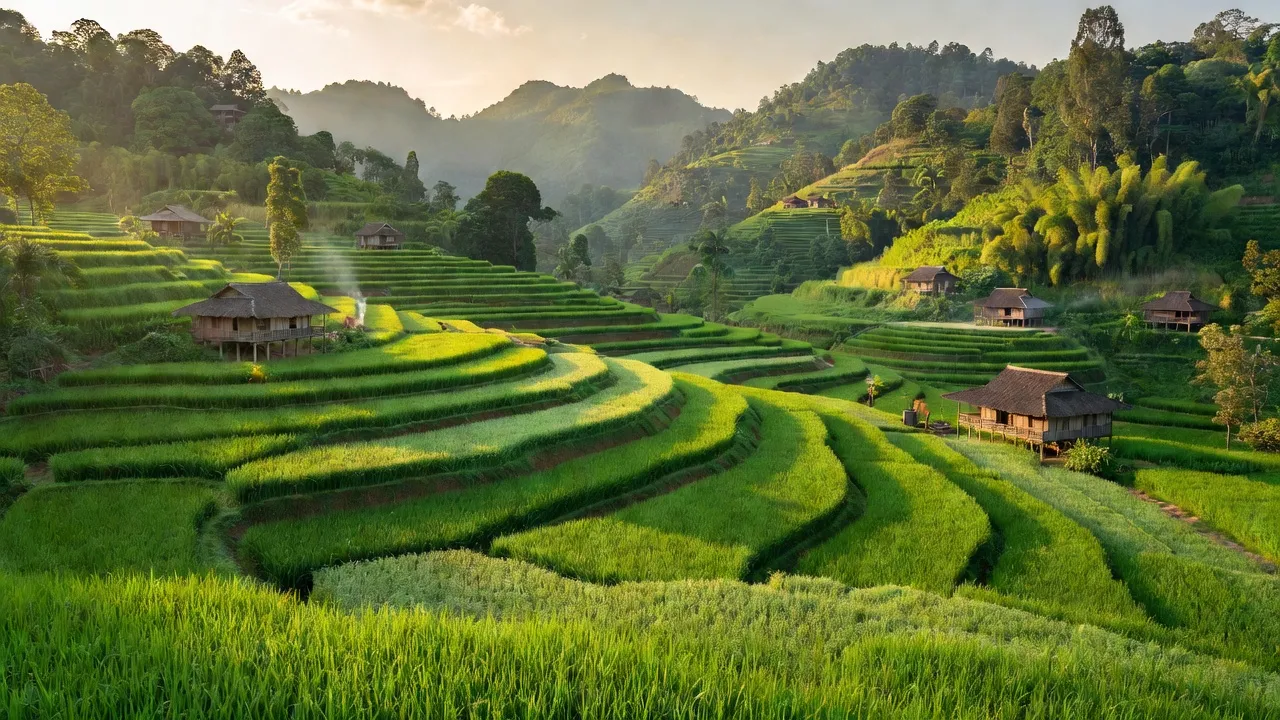 Cảnh nông thôn xã Quảng Bạch, huyện Chợ Đồn, tỉnh Bắc Kạn với ruộng xanh và đồi núi.