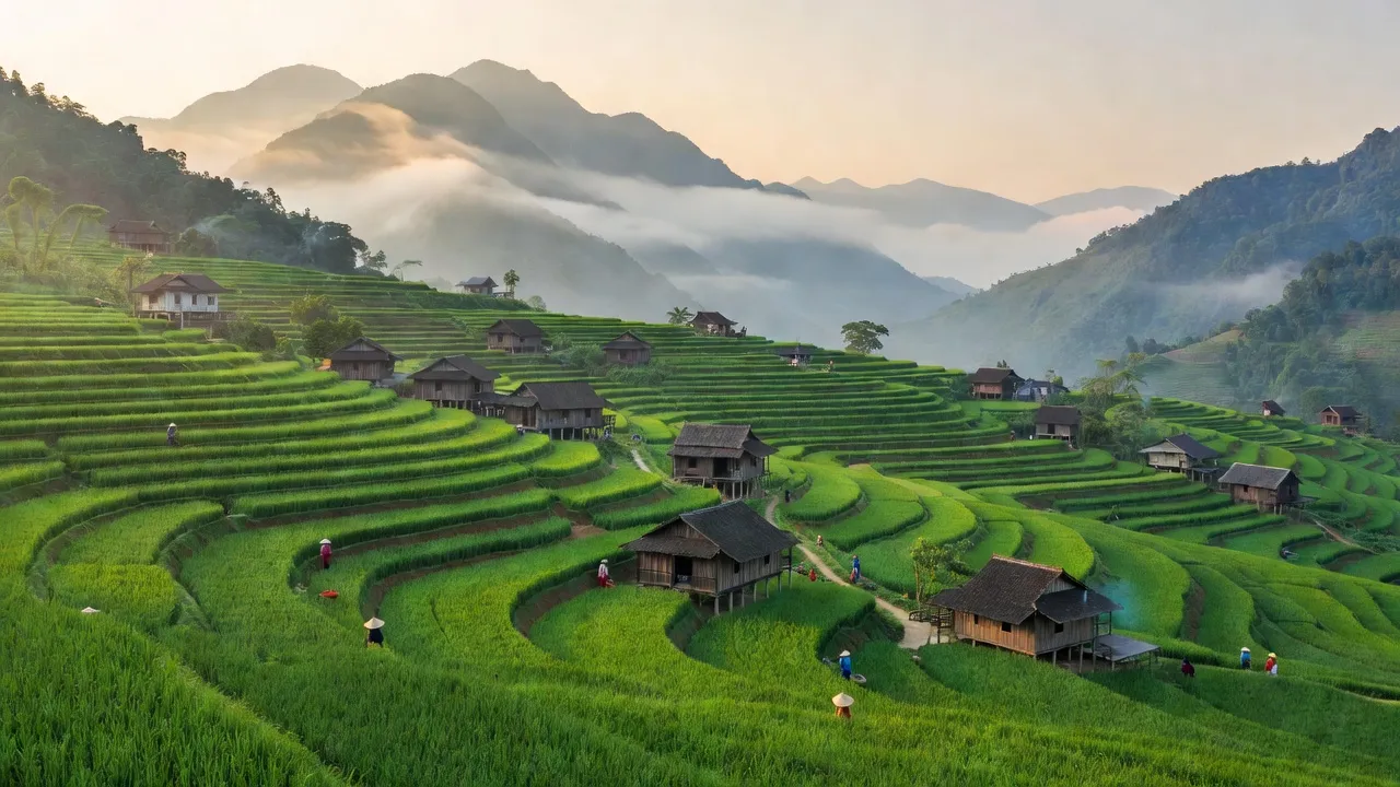 Quang Bach commune in Cho Don district, Bac Kan with terraced fields and wooden houses.