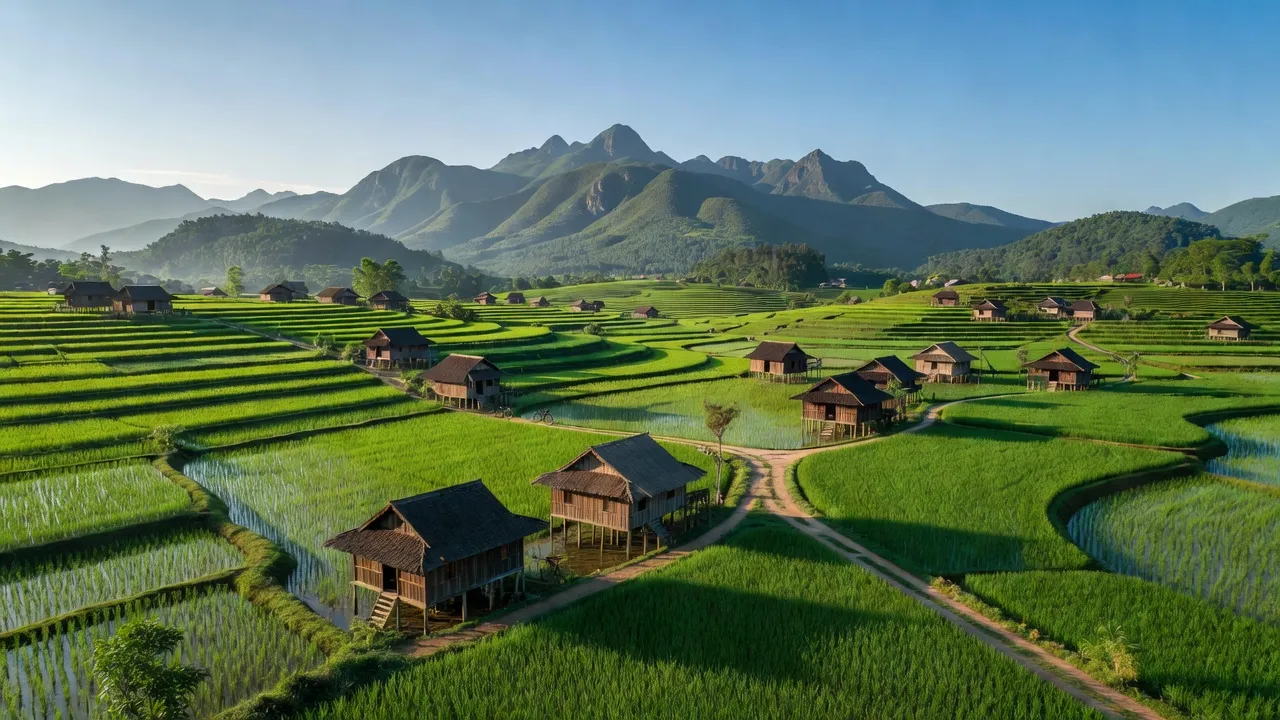 Cảnh đẹp xã Tân Lập, huyện Chợ Đồn, tỉnh Bắc Kạn với đồng xanh và núi non.