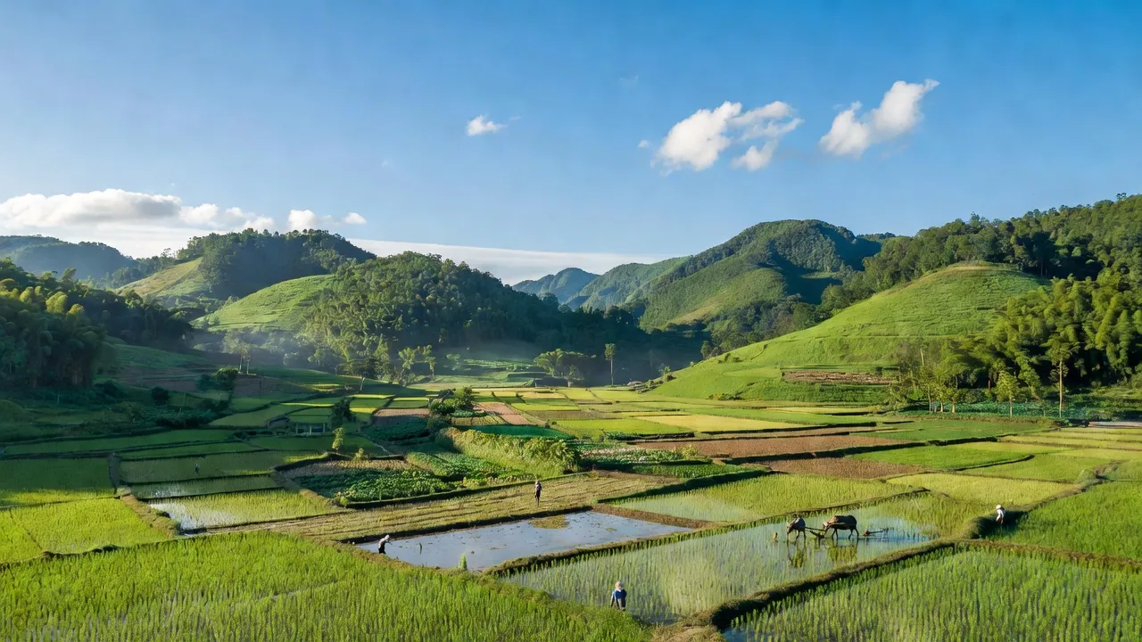 Phong cảnh yên bình ở xã Xuân Lạc, huyện Chợ Đồn, tỉnh Bắc Kạn với đồi núi và bầu trời trong xanh.