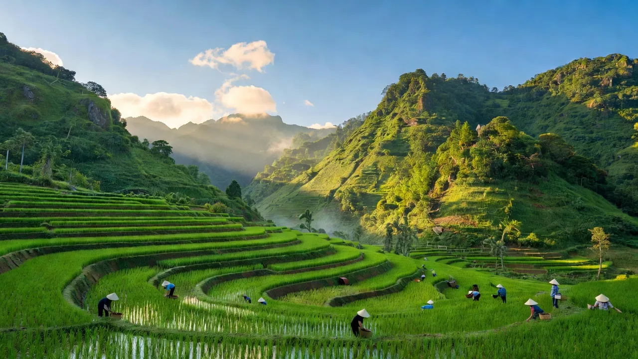 Khung cảnh thiên nhiên xã Yên Phong, huyện Chợ Đồn, tỉnh Bắc Kạn với đồi núi và ruộng bậc thang.