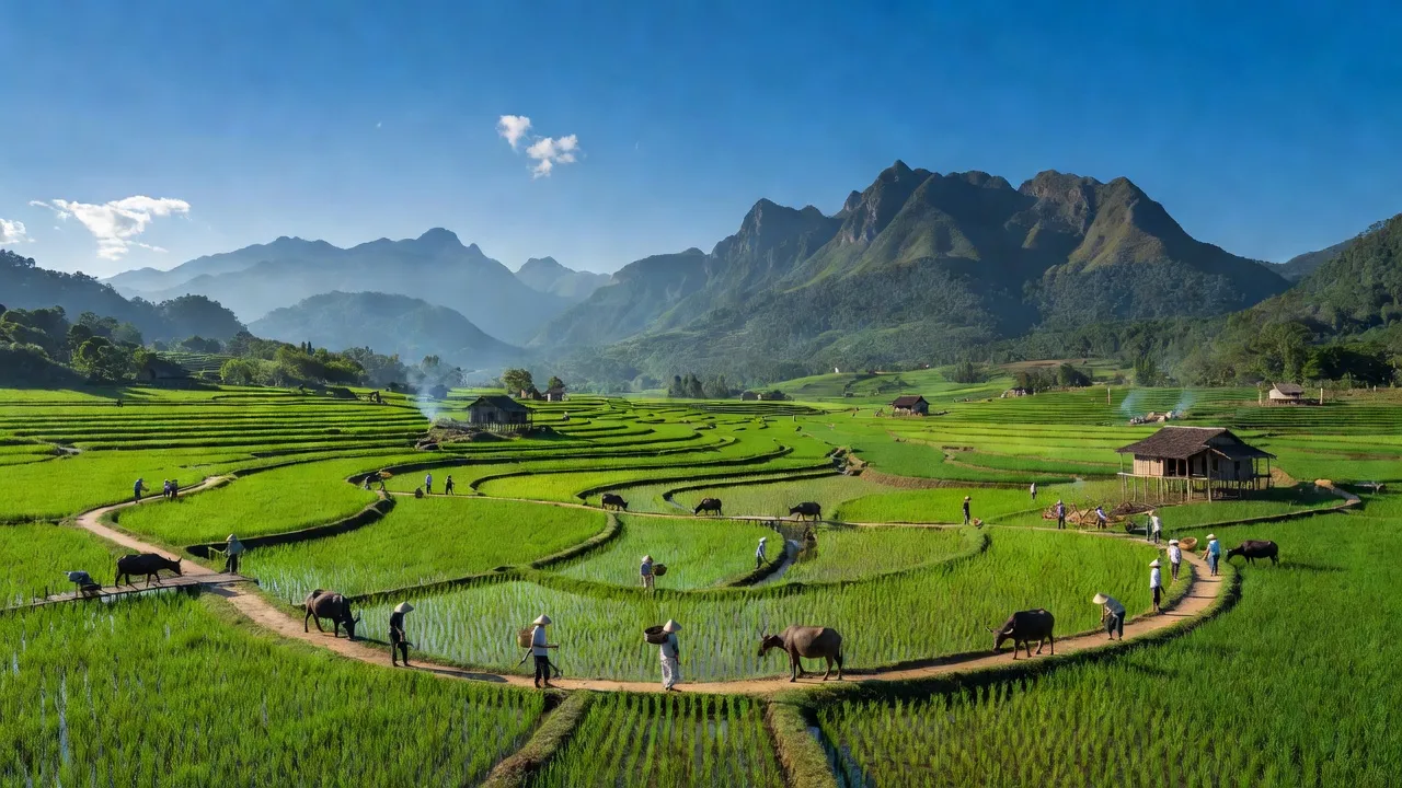 Cảnh đẹp xã Yên Thịnh, huyện Chợ Đồn, Bắc Kạn với cánh đồng xanh và núi non hùng vĩ.