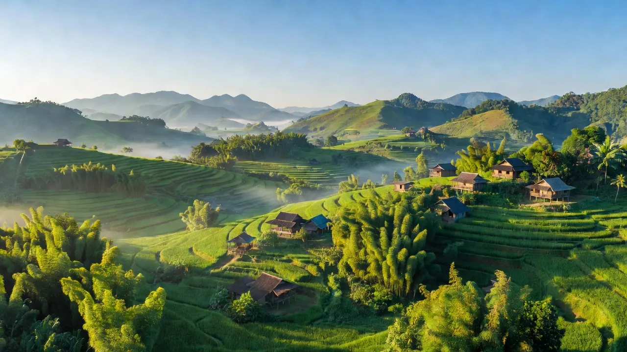 Cảnh đẹp xã Yên Thượng, huyện Chợ Đồn, tỉnh Bắc Kạn với đồi núi xanh tươi và bầu trời trong xanh.