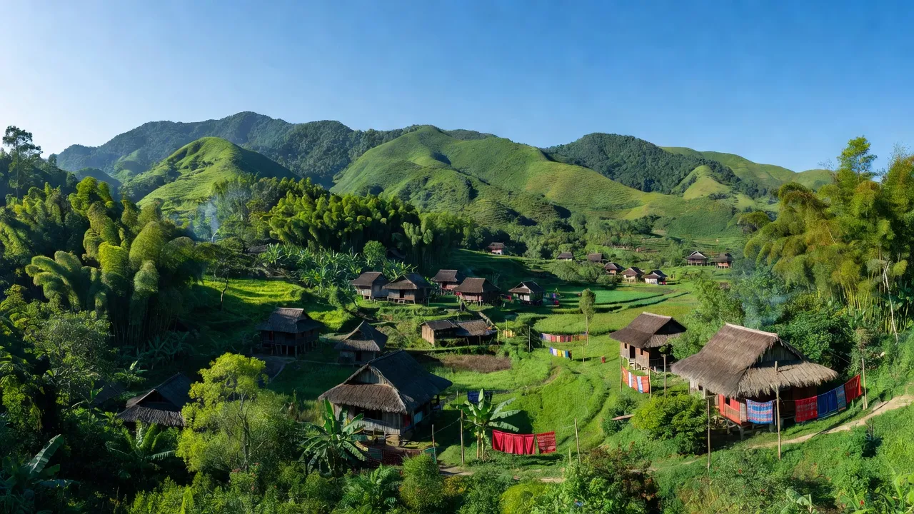 Cảnh đẹp Xã Bình Văn, Huyện Chợ Mới, Bắc Kạn với núi non xanh tươi và nhà truyền thống.