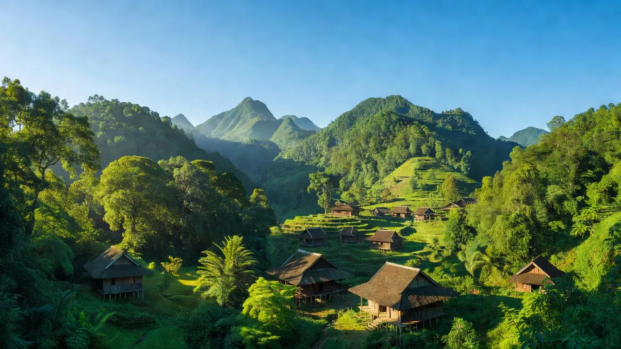Cảnh quan xã Bình Văn, huyện Chợ Mới, Bắc Kạn với núi non, nhà truyền thống và bầu trời trong xanh.
