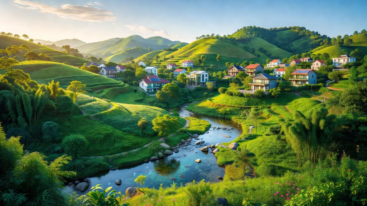 Thị trấn Đồng Tâm, huyện Chợ Mới, tỉnh Bắc Kạn với cảnh quan thiên nhiên xanh mát và nhà cửa hiện đại.