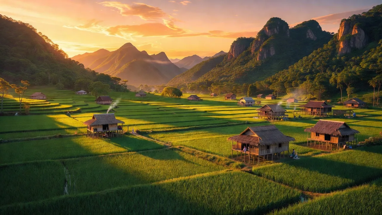 Phong cảnh xã Hoà Mục huyện Chợ Mới Bắc Kạn với cánh đồng xanh và núi non hùng vĩ.