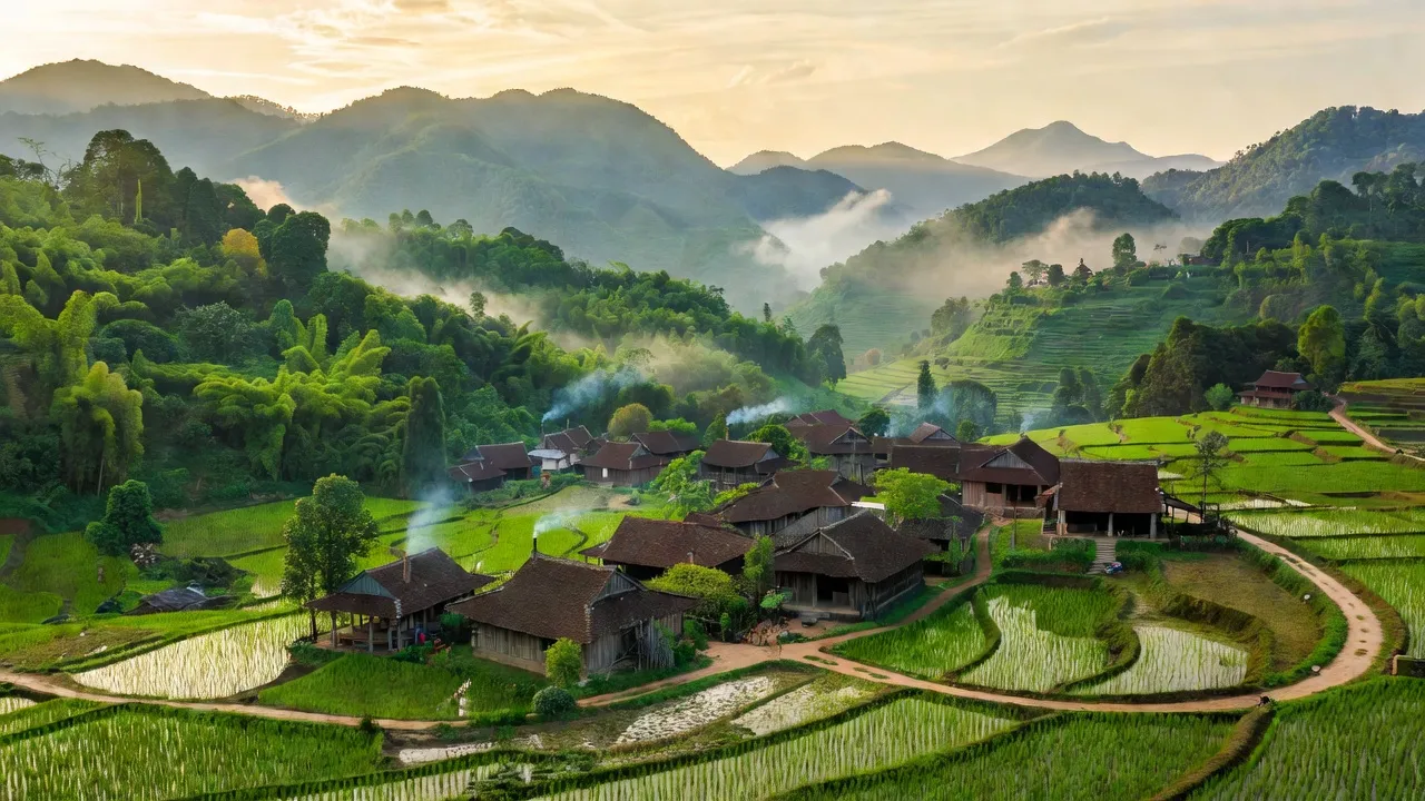 Cảnh đẹp xã Mai Lạp, huyện Chợ Mới, tỉnh Bắc Kạn với núi xanh, nhà truyền thống và cuộc sống bình yên.