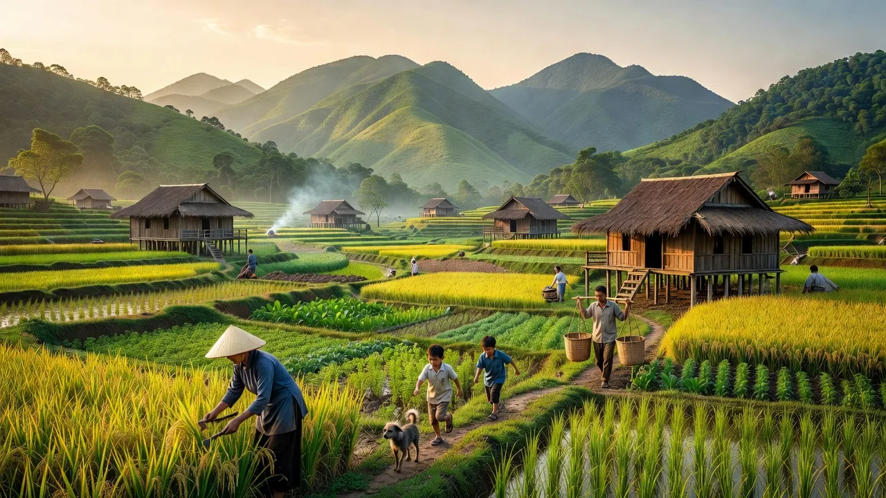 Cảnh núi non xã Mai Lạp, huyện Chợ Mới, Bắc Kạn với nhà sàn và không gian yên bình.