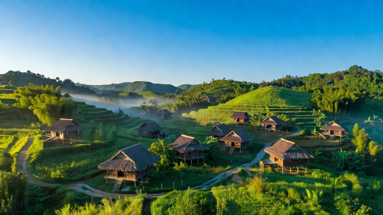 Cảnh quan xã Như Cố, huyện Chợ Mới, tỉnh Bắc Kạn với đồi núi, nhà truyền thống và sông suối.