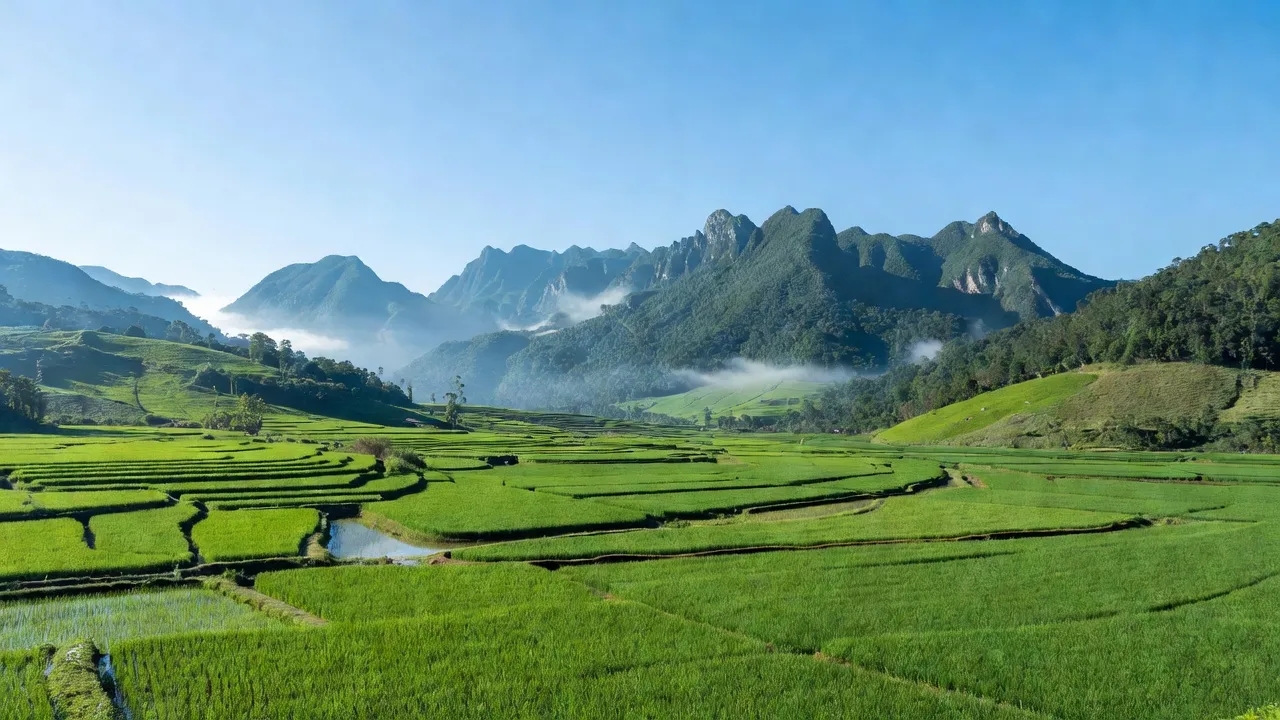 Cảnh quan xã Nông Hạ, huyện Chợ Mới, Bắc Kạn với núi non và cánh đồng xanh.