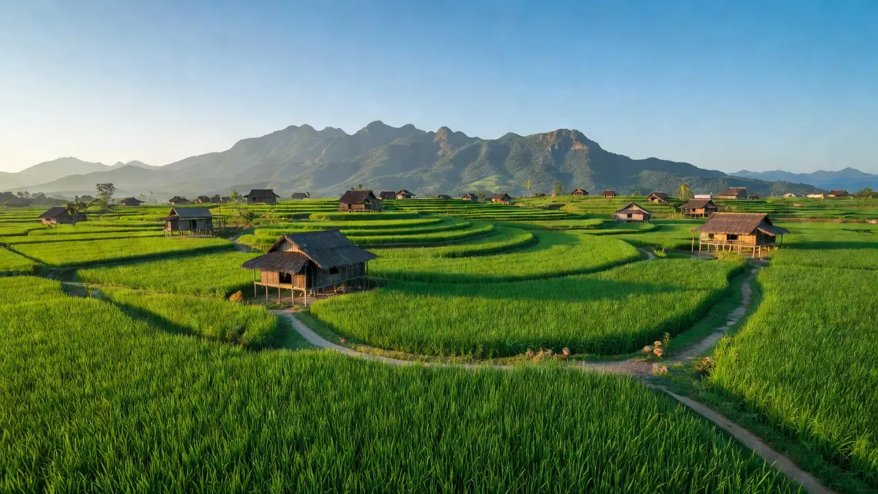 Quang cảnh xã Nông Hạ, huyện Chợ Mới, tỉnh Bắc Kạn với đồng xanh và nhà truyền thống.
