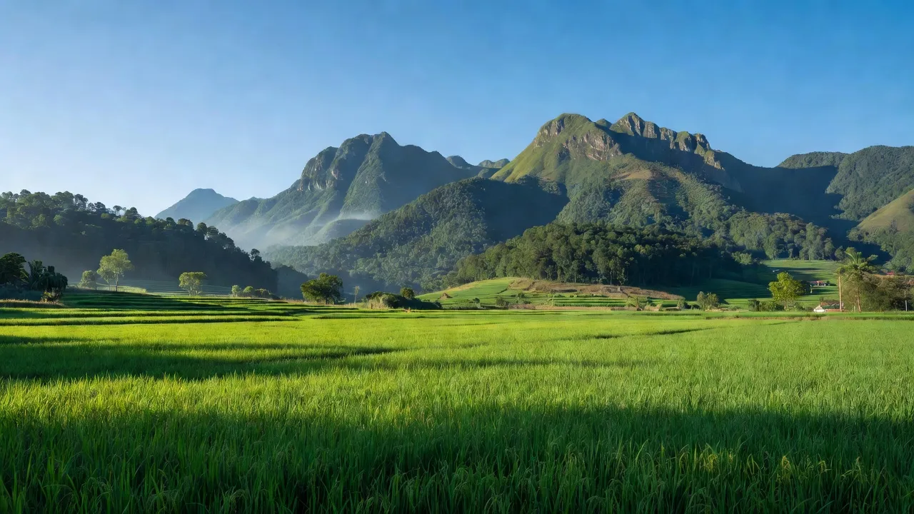 Khung cảnh Xã Tân Sơn, Chợ Mới, Bắc Kạn với đồng ruộng và núi non, trời trong xanh.