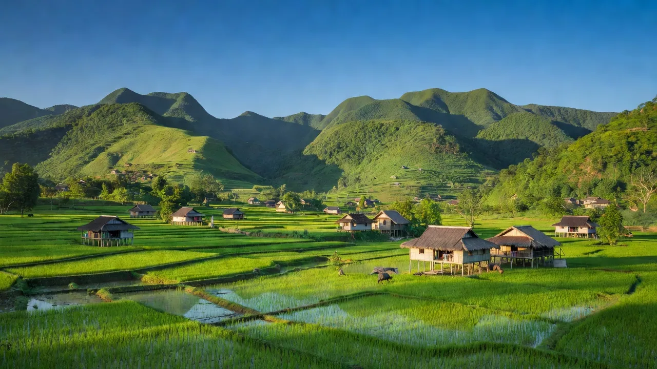 Cảnh đẹp xã Thanh Mai, huyện Chợ Mới, tỉnh Bắc Kạn với núi xanh và ruộng lúa.
