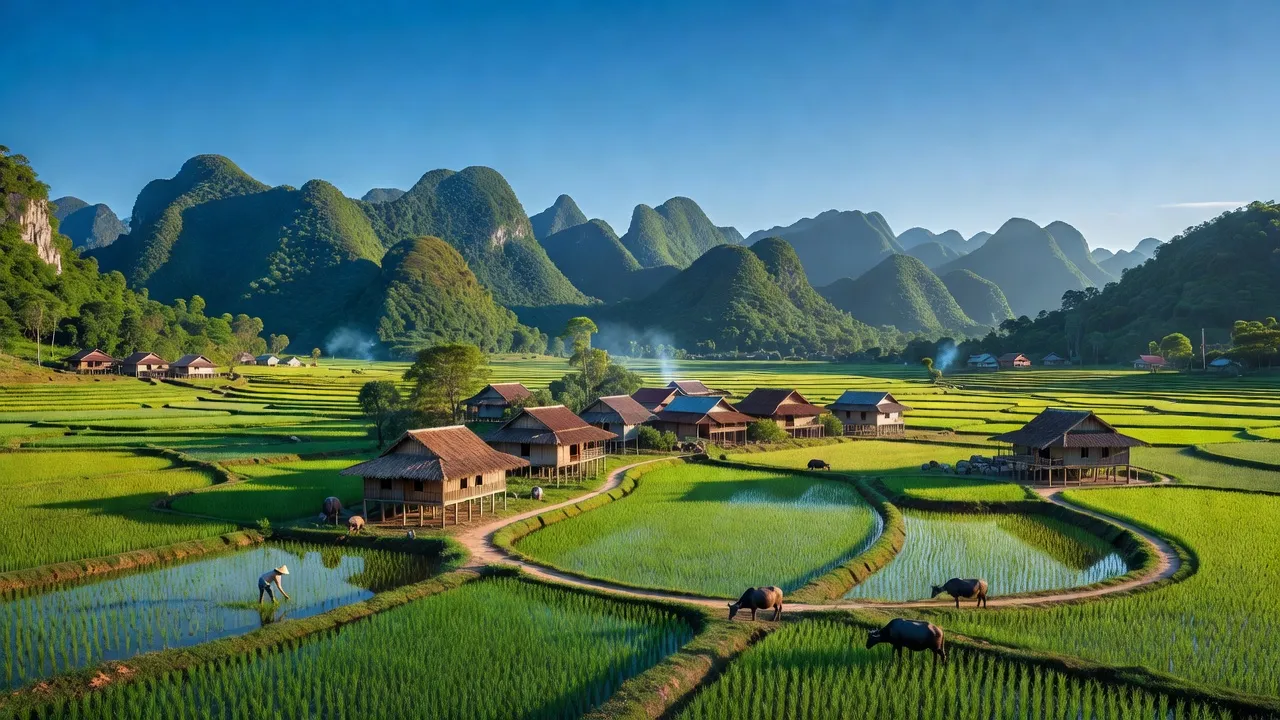 Cảnh quan yên bình ở xã Thanh Vận, huyện Chợ Mới, tỉnh Bắc Kạn với núi non và nhà truyền thống.