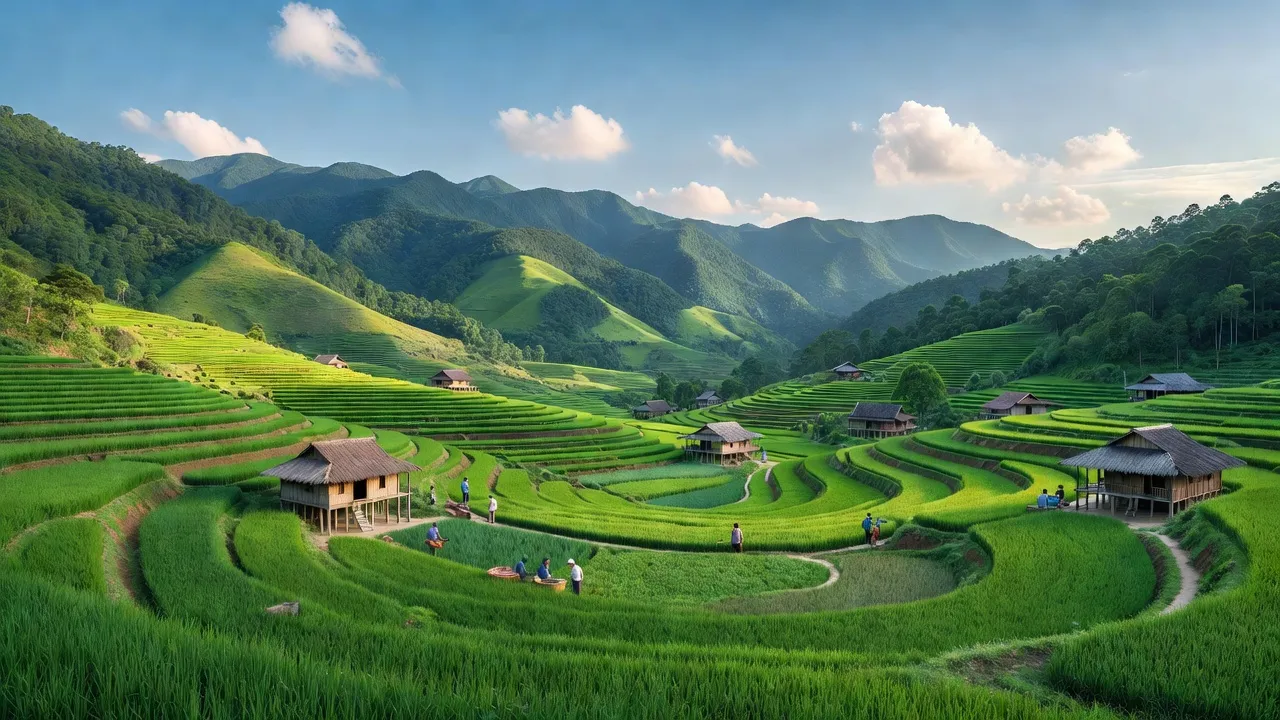 Phong cảnh xã Thanh Vận, huyện Chợ Mới, tỉnh Bắc Kạn với núi non xanh và ruộng bậc thang.