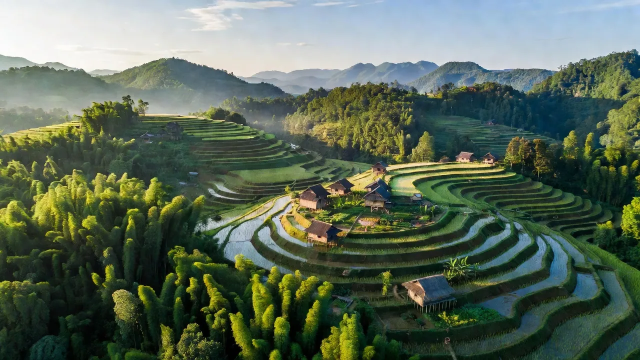 Khung cảnh thiên nhiên Yên Cư, Chợ Mới, Bắc Kạn với đồi núi và ruộng bậc thang.