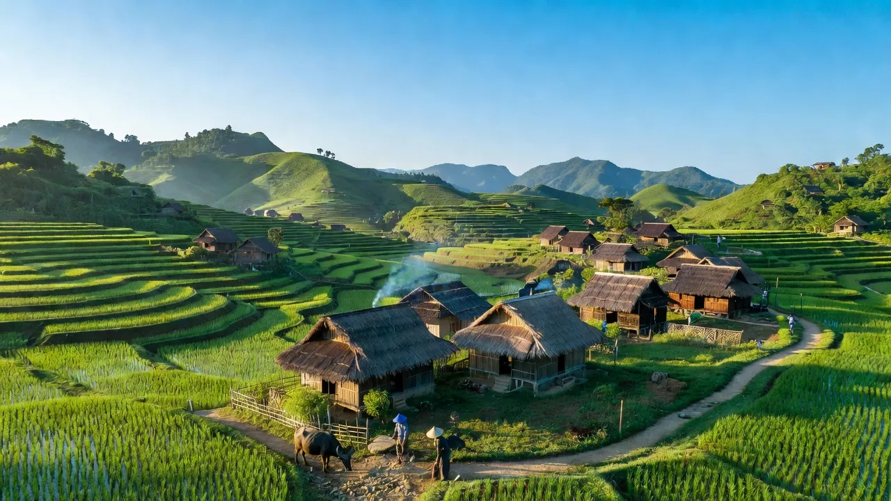 Khung cảnh yên bình ở xã Yên Cư, Huyện Chợ Mới, tỉnh Bắc Kạn với đồi núi và nhà truyền thống.