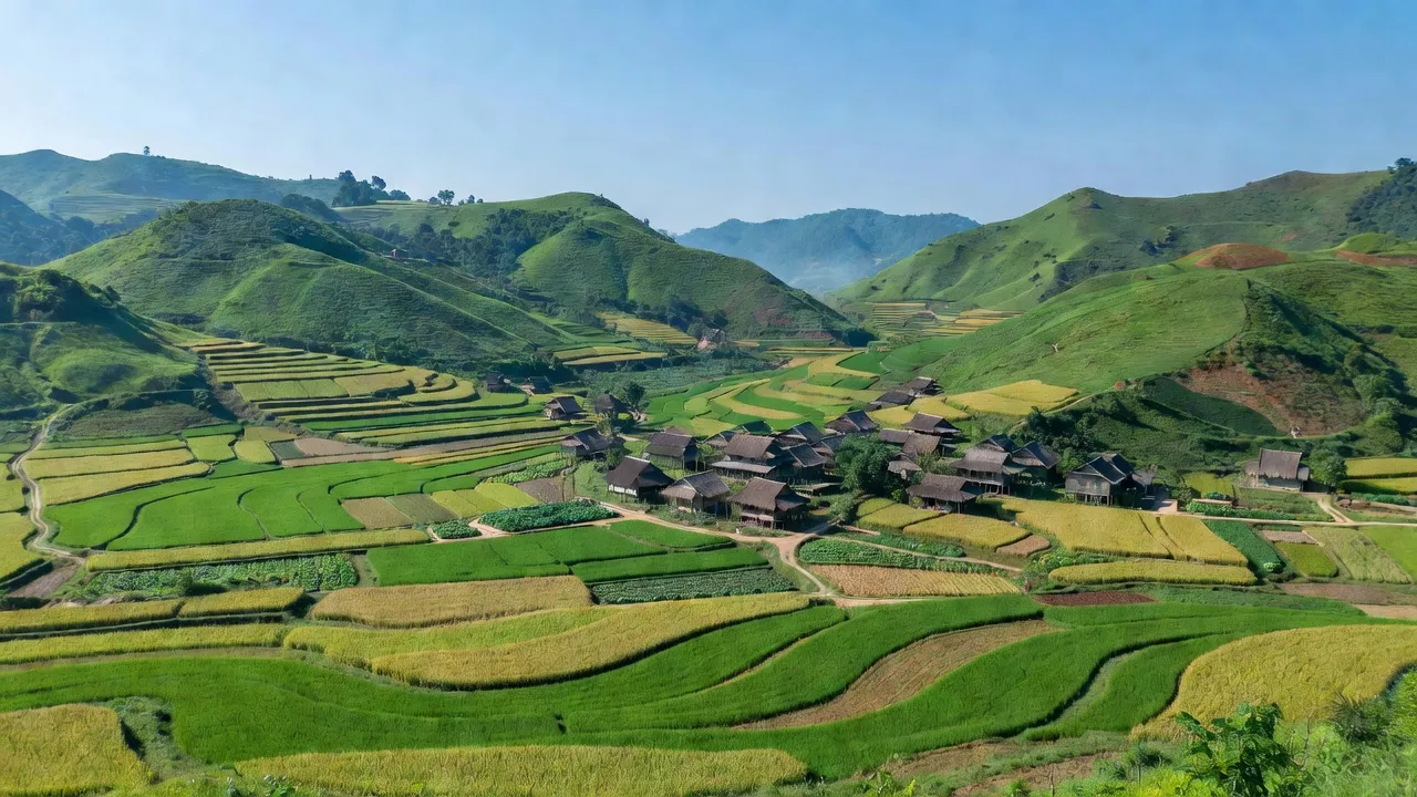 Cảnh quan xã Yên Hân, huyện Chợ Mới, tỉnh Bắc Kạn với đồi núi và nông nghiệp thoáng đãng.