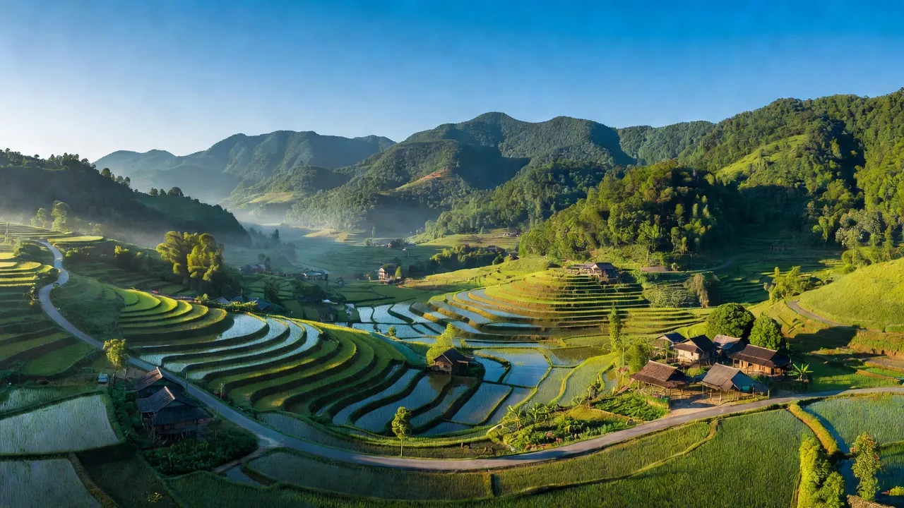 Khung cảnh đồi núi xanh tươi tại xã Yên Hân, huyện Chợ Mới, tỉnh Bắc Kạn với đường giao thông nông thôn.