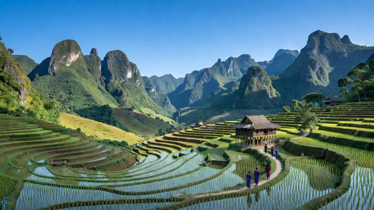 Cảnh đẹp huyện Na Rì, Bắc Kạn với núi non, ruộng bậc thang và bầu trời trong xanh.