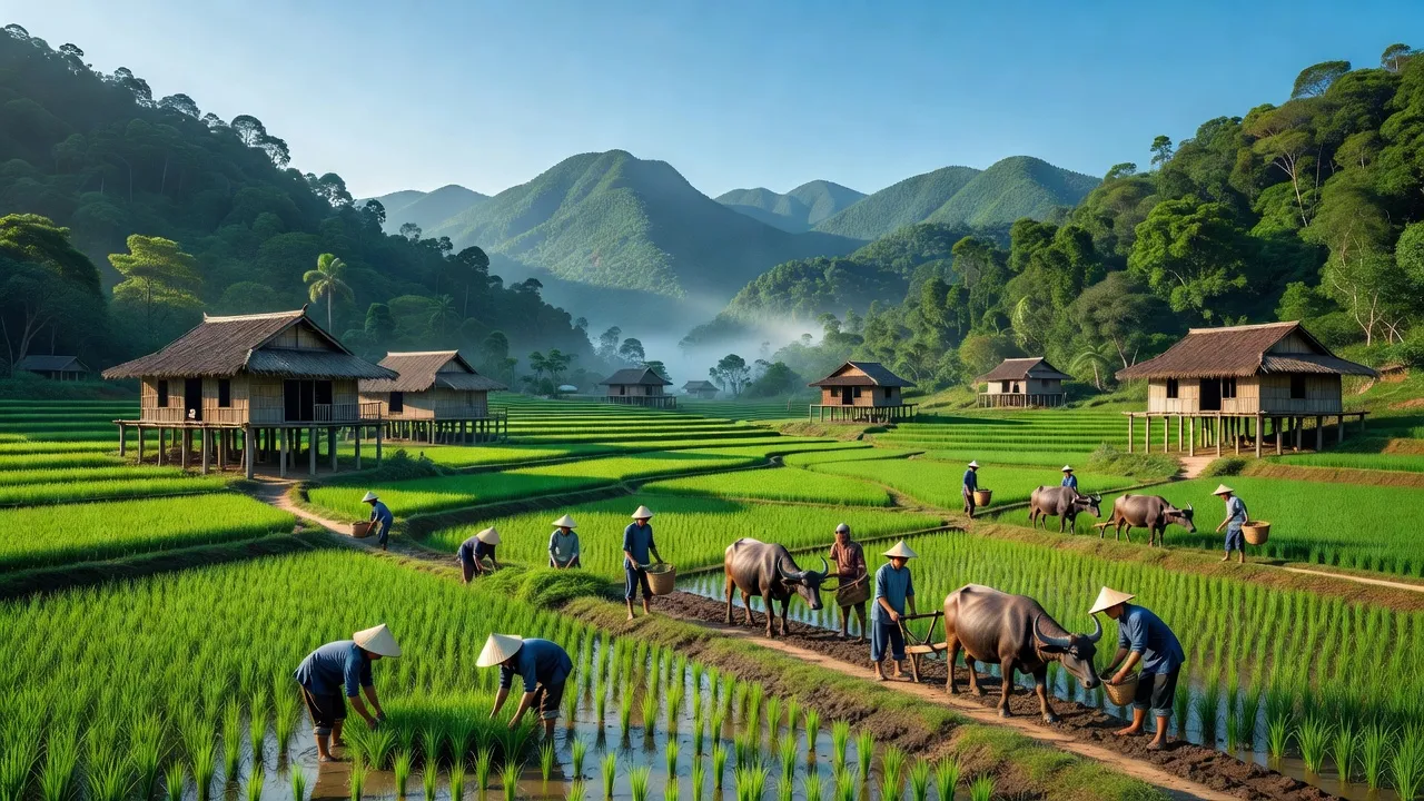 Cảnh đẹp Xã Cư Lễ huyện Na Rì, Bắc Kạn với núi xanh và nhà sàn truyền thống.