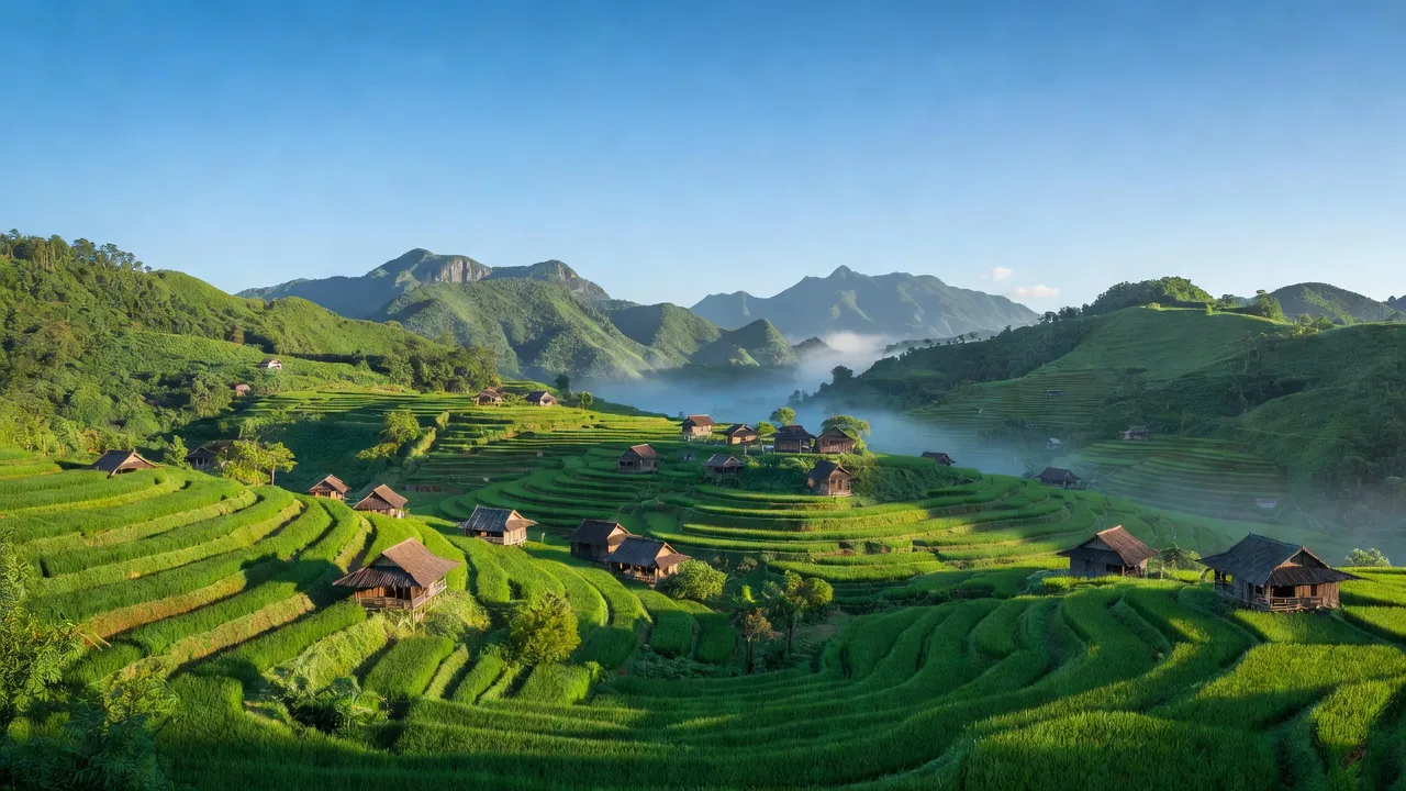 Khung cảnh Đổng Xá, huyện Na Rì, tỉnh Bắc Kạn với đồi núi xanh tươi và nhà gỗ truyền thống.