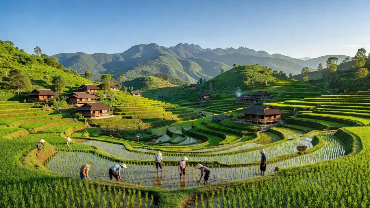 Cảnh đẹp xã Dương Sơn, huyện Na Rì, tỉnh Bắc Kạn với đồi núi xanh và ruộng bậc thang.