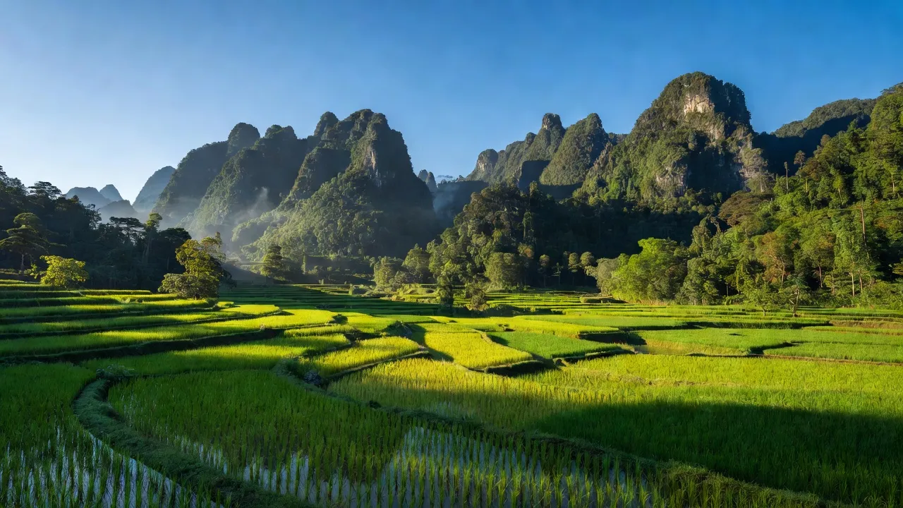 Cảnh quan tuyệt đẹp ở xã Dương Sơn, huyện Na Rì, tỉnh Bắc Kạn với núi và đồng xanh.