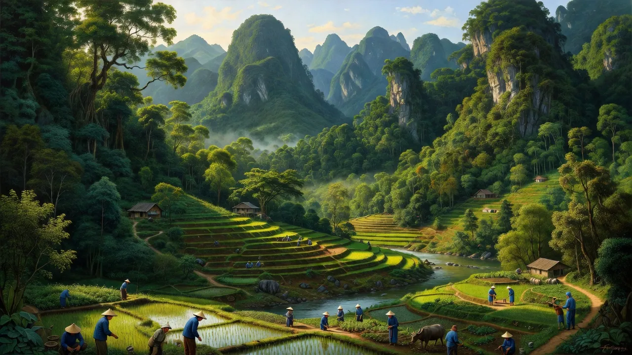 Khung cảnh xã Kim Hỷ, huyện Na Rì, tỉnh Bắc Kạn với núi đá vôi, rừng xanh và đời sống nông nghiệp.