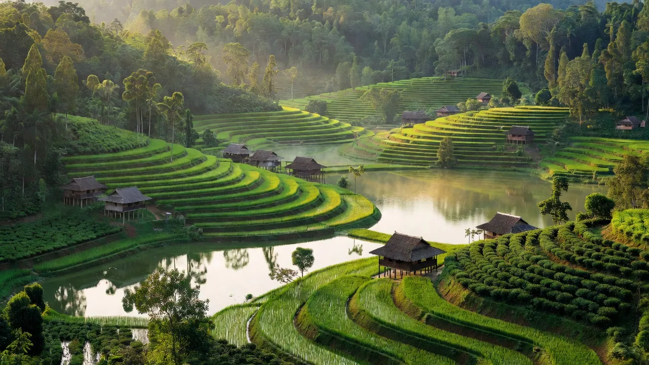 Khung cảnh Kim Lư, huyện Na Rì, Bắc Kạn với hồ nước và rừng quế, chè tươi tốt.
