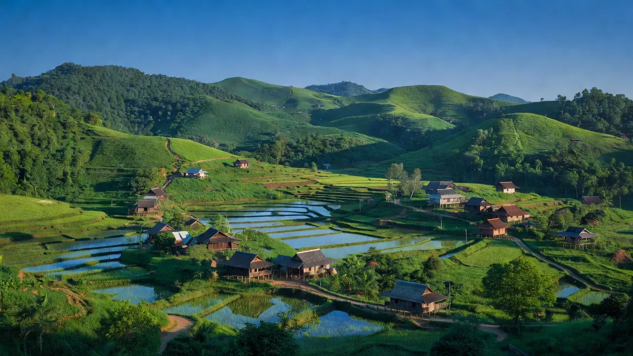 Bức tranh thiên nhiên xã Liêm Thuỷ, huyện Na Rì, tỉnh Bắc Kạn với đồi núi xanh biếc.
