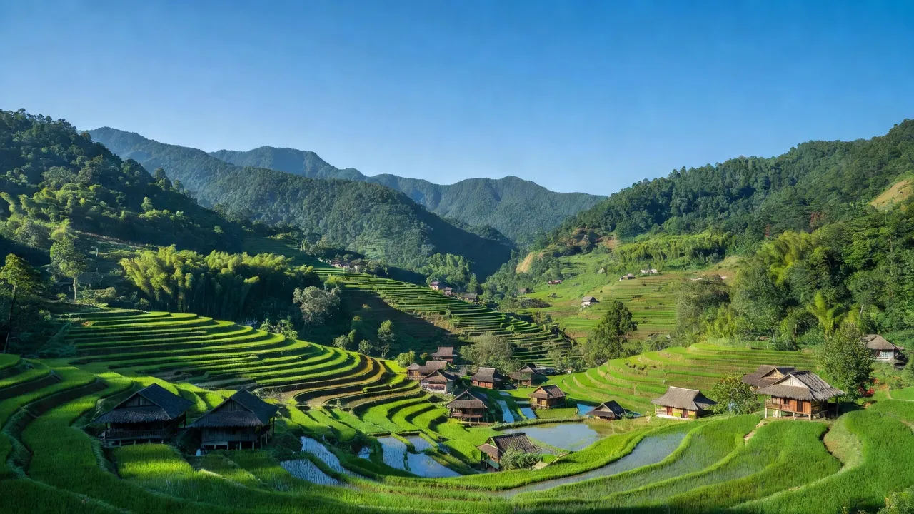Khung cảnh xanh tươi xã Quang Phong, huyện Na Rì, tỉnh Bắc Kạn với núi non và ruộng bậc thang.